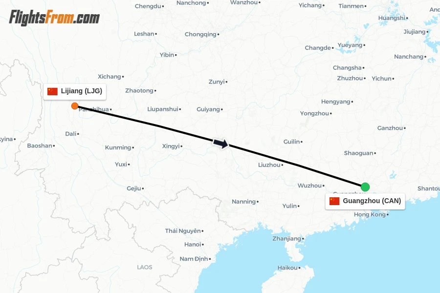 Flights from Lijiang to Guangzhou route map