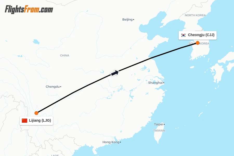 Flights from Lijiang to Cheongju route map