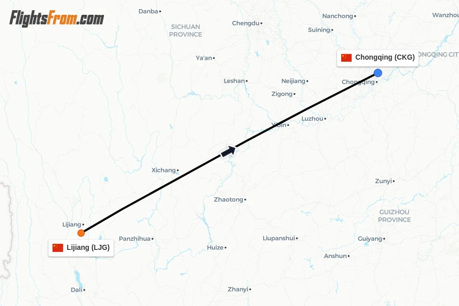 Flights from Lijiang to Chongqing route map