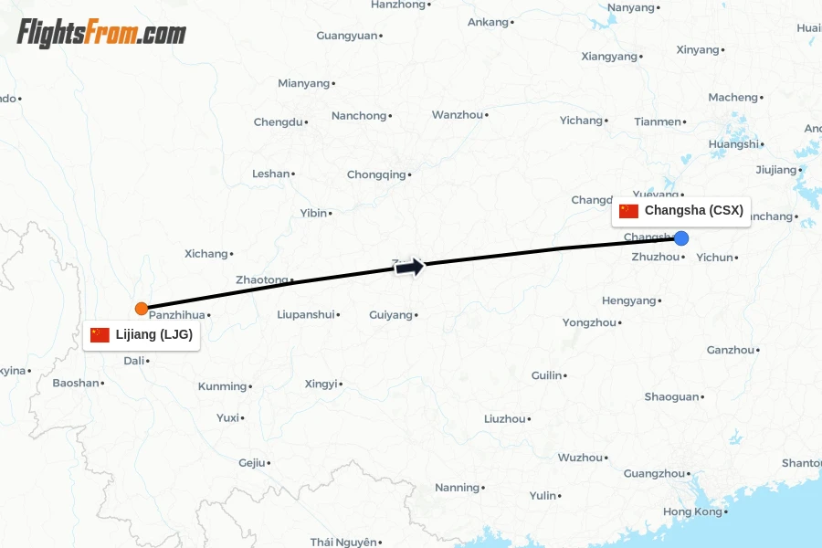 Flights from Lijiang to Changsha route map