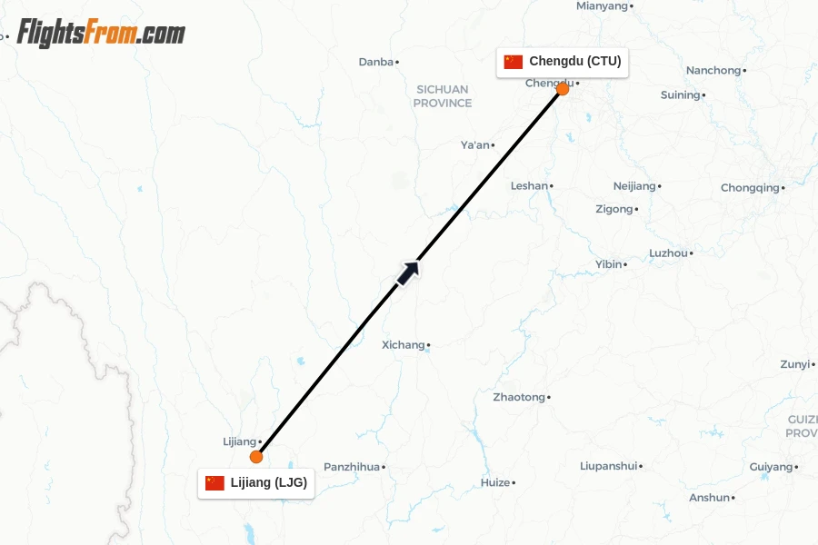 Flights from Lijiang to Chengdu route map
