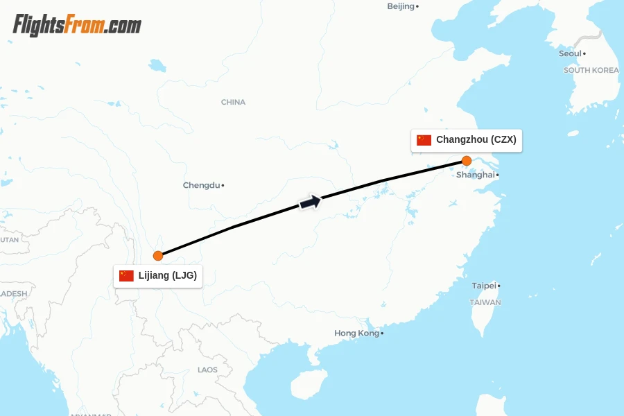 Flights from Lijiang to Changzhou route map