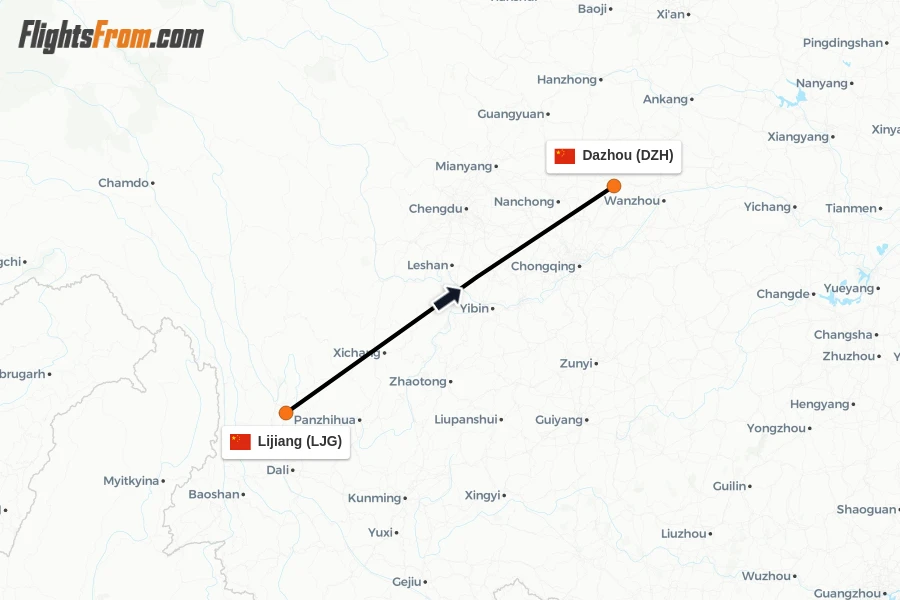 Flights from Lijiang to Dazhou route map