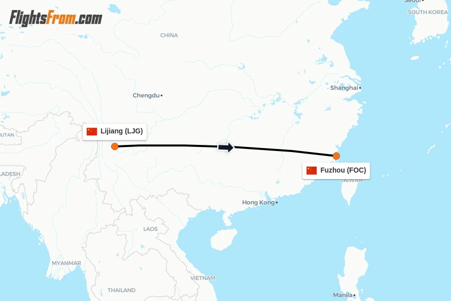 Flights from Lijiang to Fuzhou route map