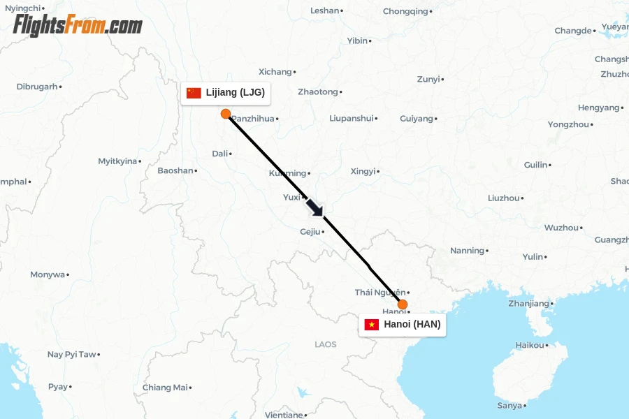 Flights from Lijiang to Hanoi route map