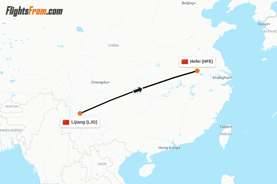 Flights from Lijiang to Hefei route map