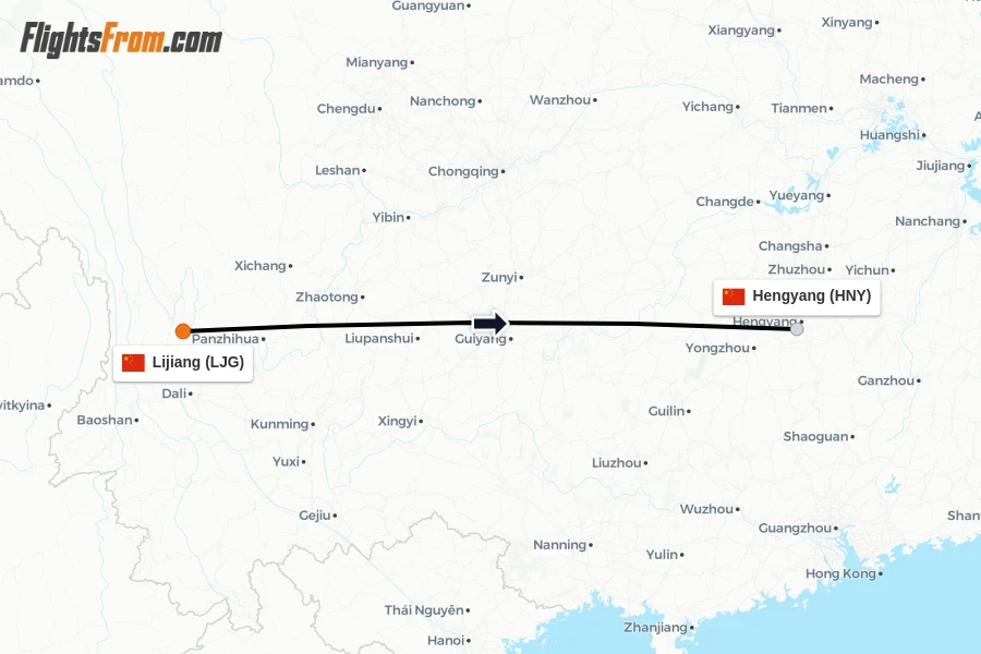 Flights from Lijiang to Hengyang route map