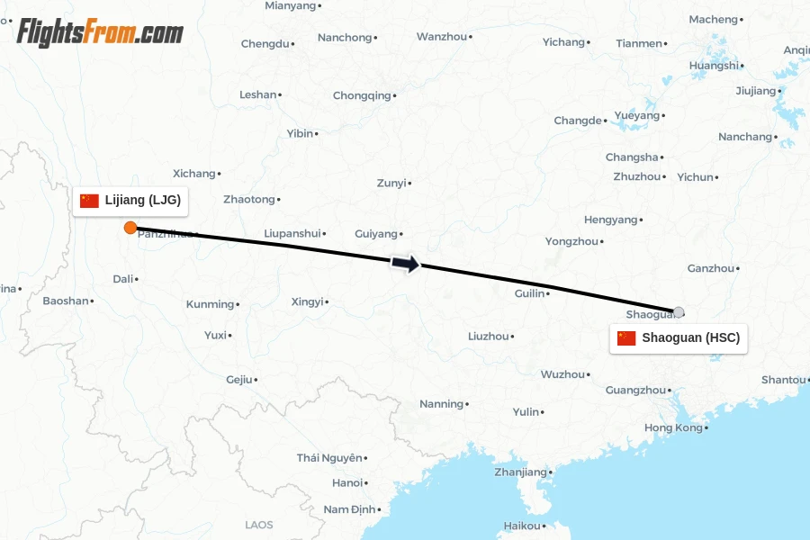Flights from Lijiang to Shaoguan route map
