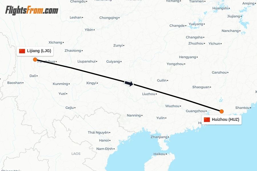 Flights from Lijiang to Huizhou route map