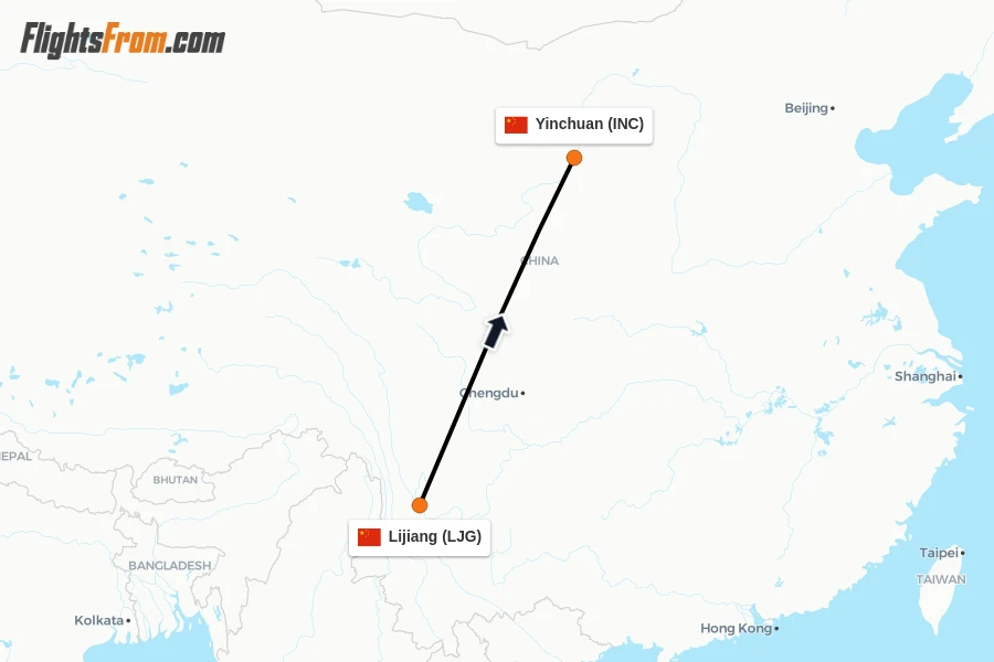 Flights from Lijiang to Yinchuan route map
