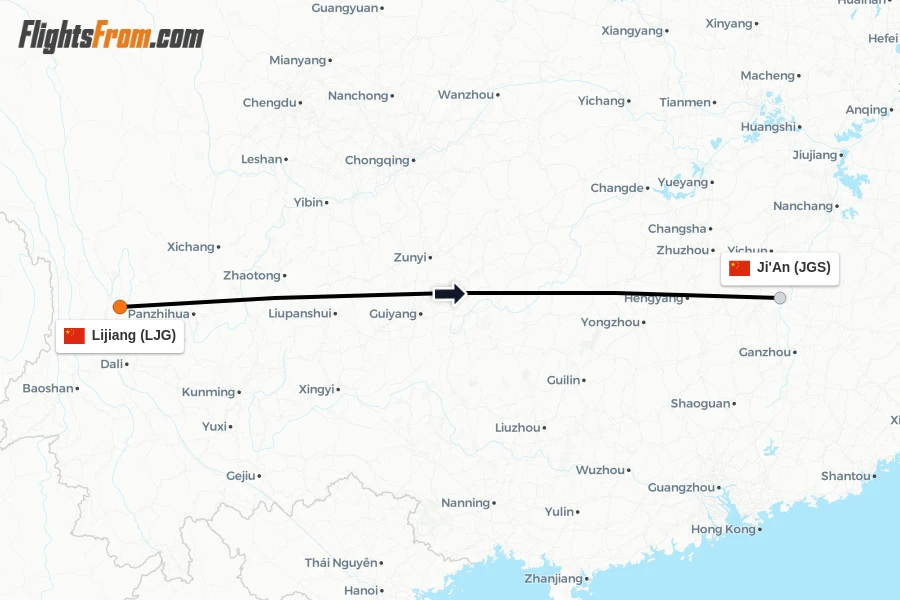 Flights from Lijiang to Ji'An route map
