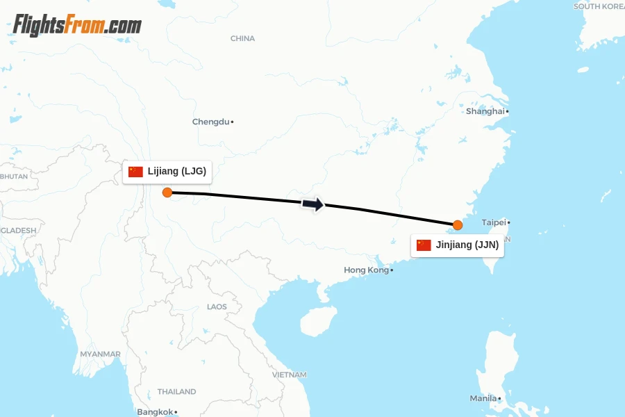 Flights from Lijiang to Jinjiang route map