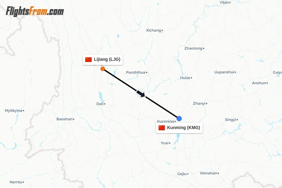 Flights from Lijiang to Kunming route map