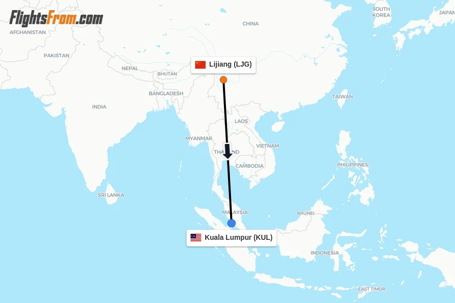 Flights from Lijiang to Kuala Lumpur route map