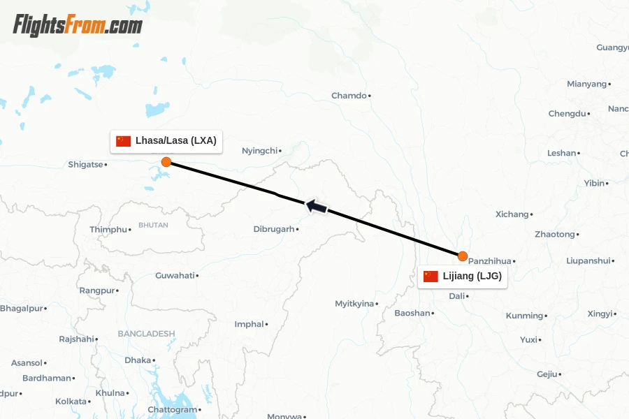 Flights from Lijiang to Lhasa/Lasa route map