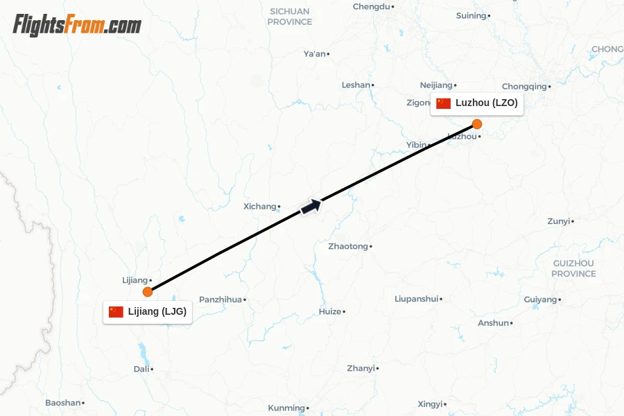 Flights from Lijiang to Luzhou route map