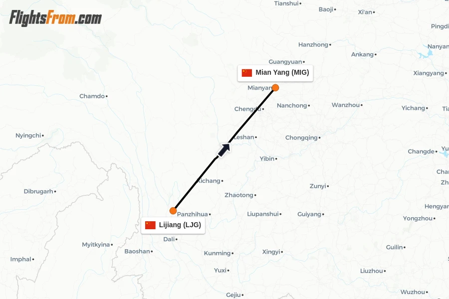 Flights from Lijiang to Mian Yang route map