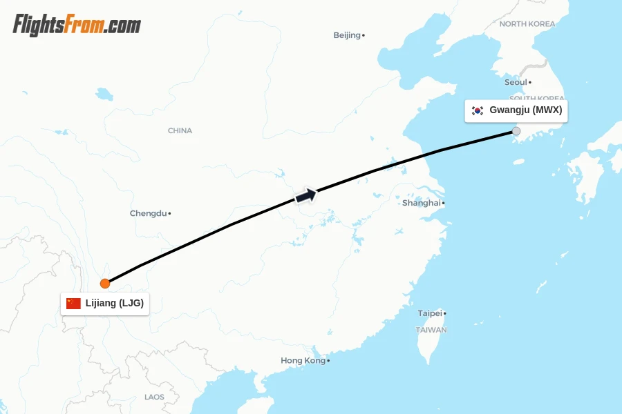 Flights from Lijiang to Gwangju route map