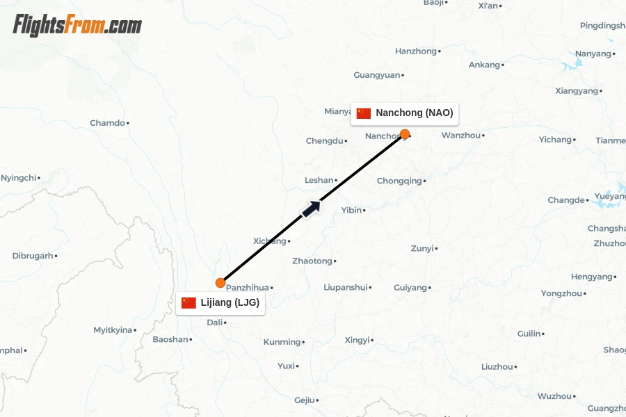 Flights from Lijiang to Nanchong route map
