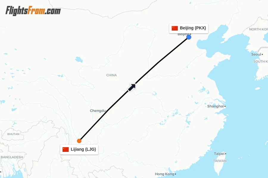 Flights from Lijiang to Beijing route map