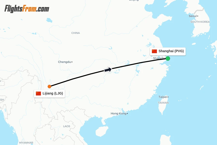 Flights from Lijiang to Shanghai route map