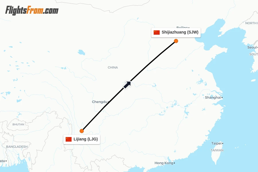 Flights from Lijiang to Shijiazhuang route map