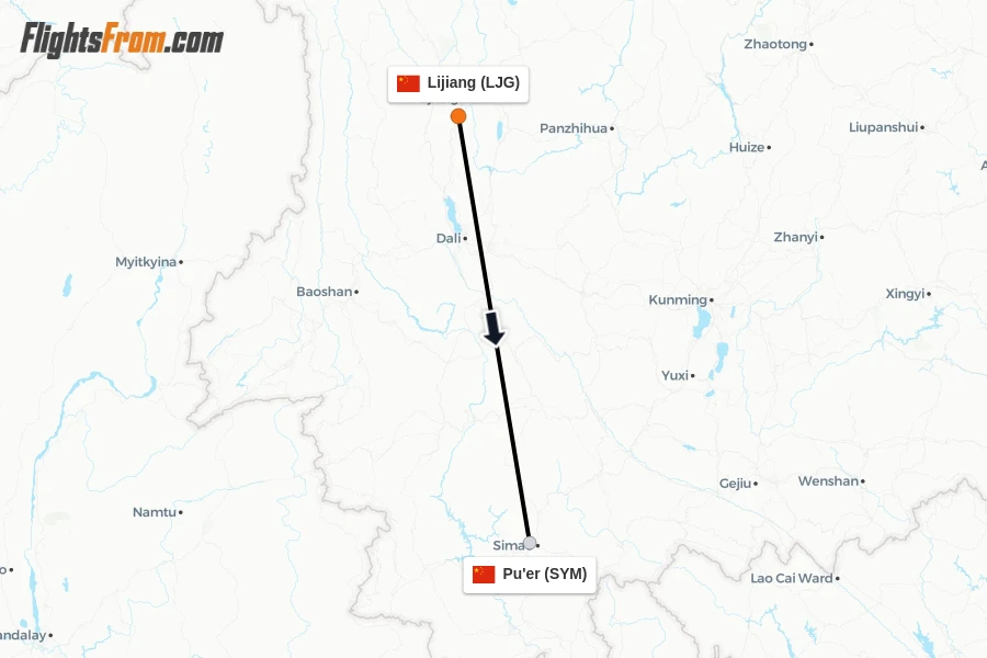 Flights from Lijiang to Pu'er route map
