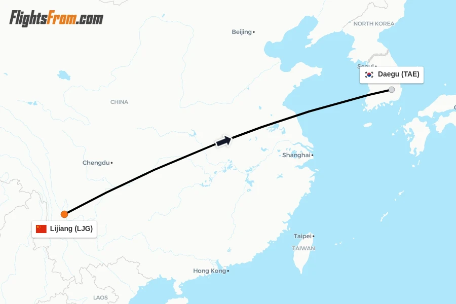 Flights from Lijiang to Daegu route map