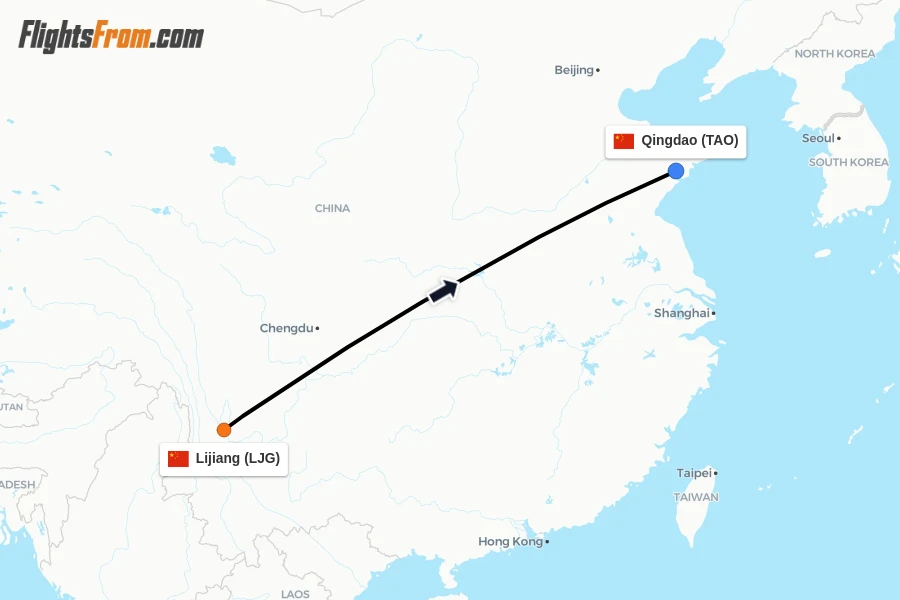 Flights from Lijiang to Qingdao route map