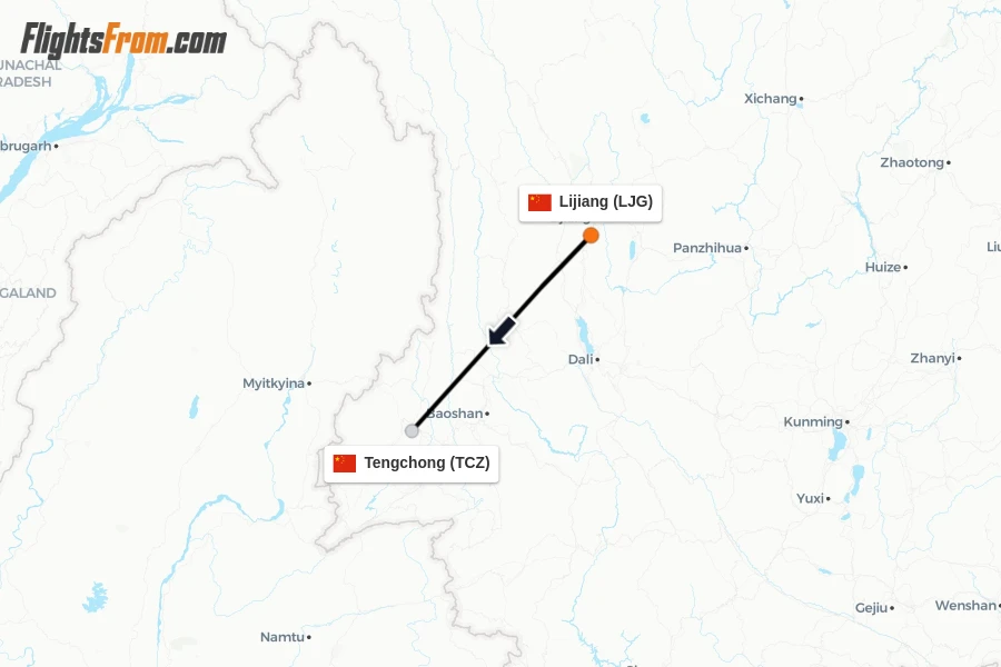 Flights from Lijiang to Tengchong route map