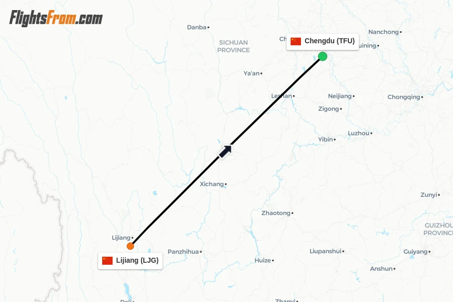 Flights from Lijiang to Chengdu route map