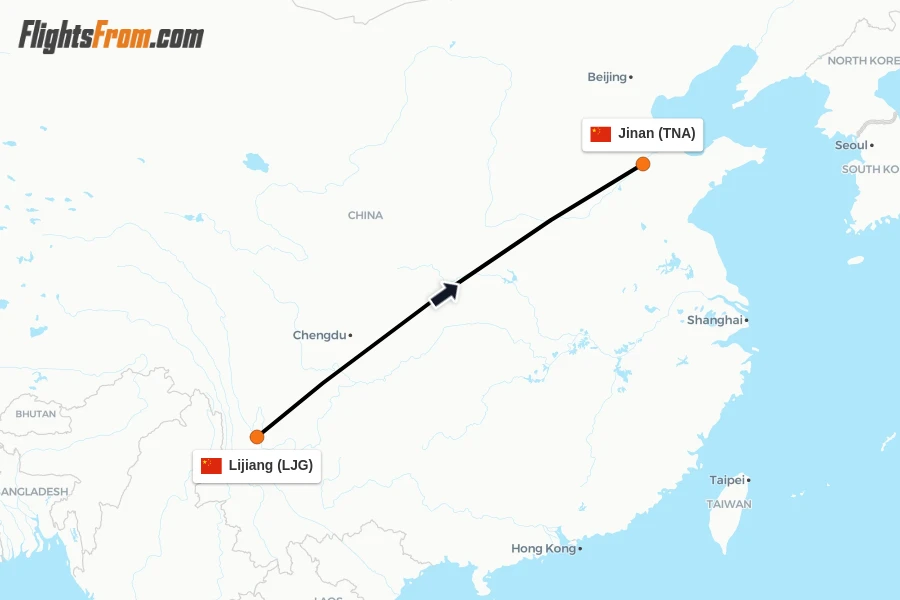 Flights from Lijiang to Jinan route map