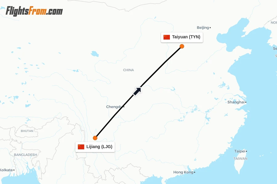 Flights from Lijiang to Taiyuan route map