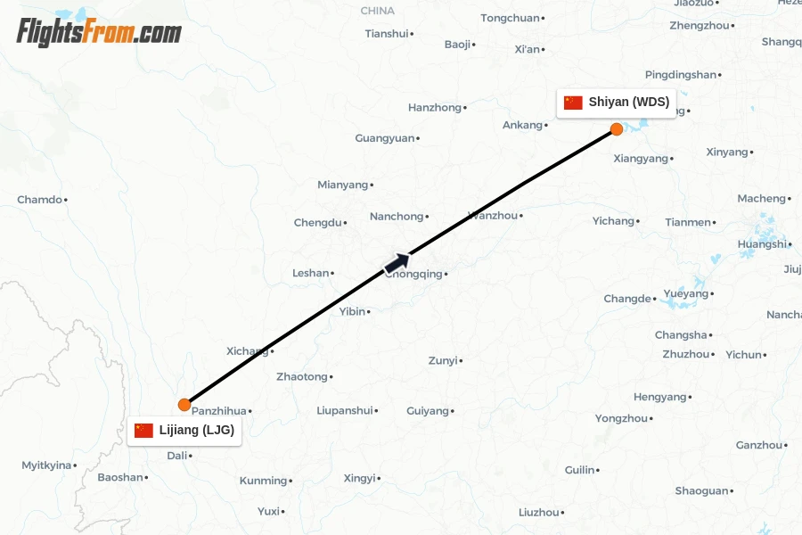 Flights from Lijiang to Shiyan route map