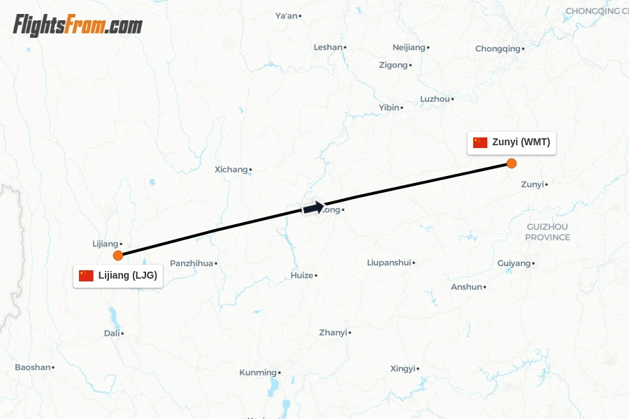 Flights from Lijiang to Zunyi route map