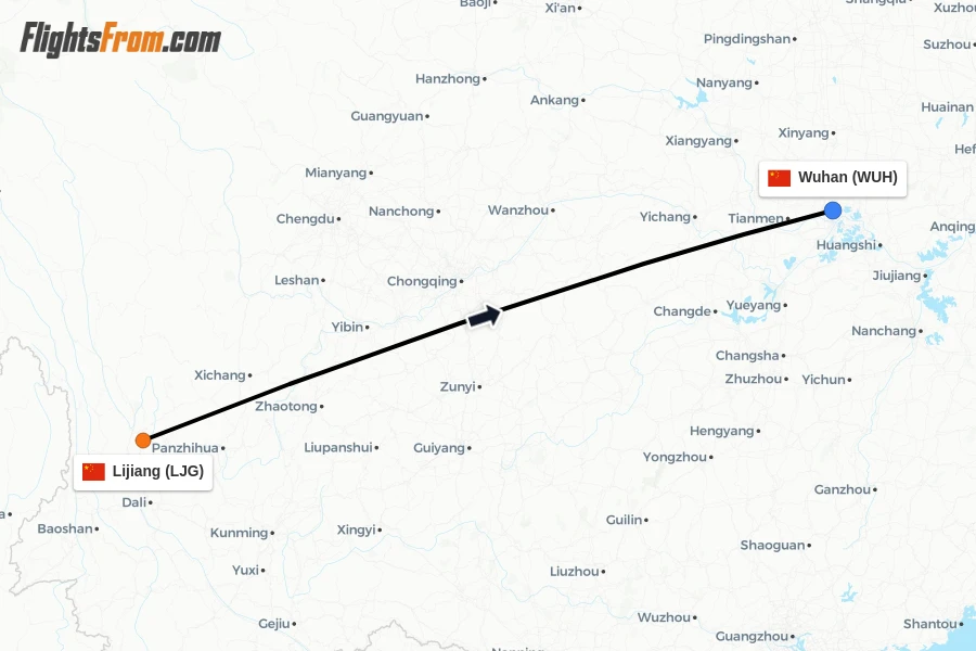 Flights from Lijiang to Wuhan route map