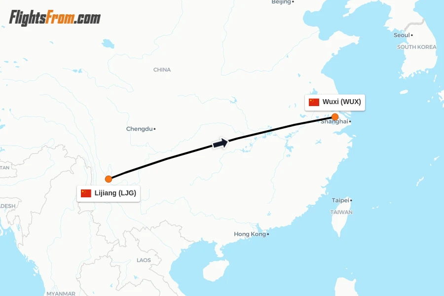 Flights from Lijiang to Wuxi route map