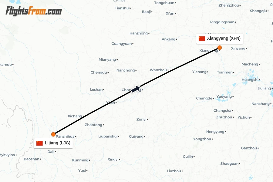 Flights from Lijiang to Xiangyang route map