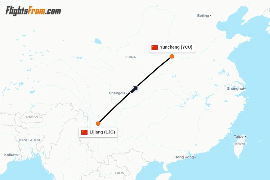 Flights from Lijiang to Yuncheng route map