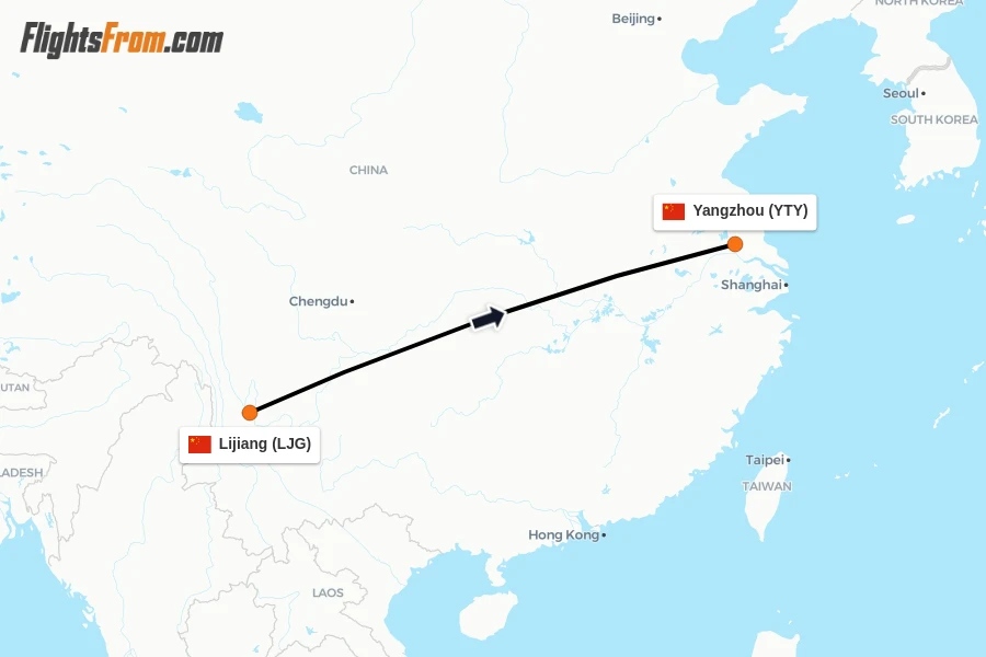 Flights from Lijiang to Yangzhou route map