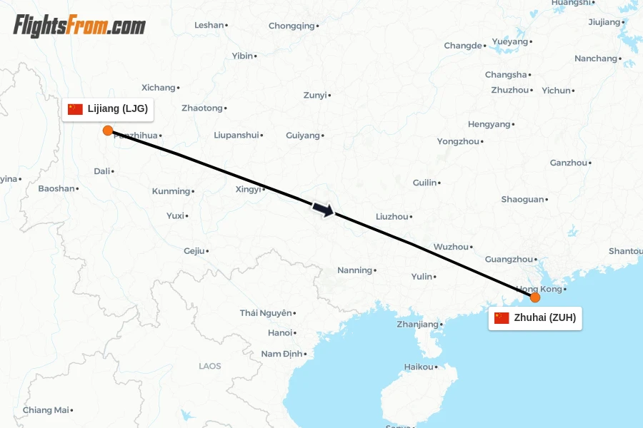 Flights from Lijiang to Zhuhai route map