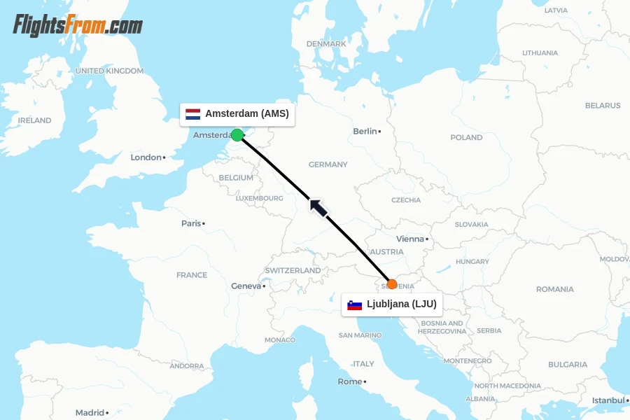 Flights from Ljubljana to Amsterdam route map