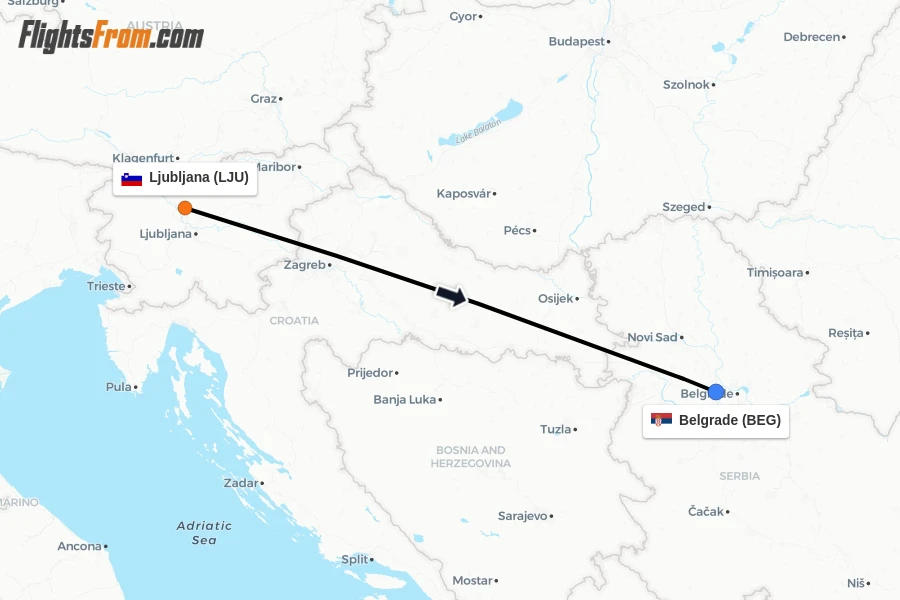 Flights from Ljubljana to Belgrade route map