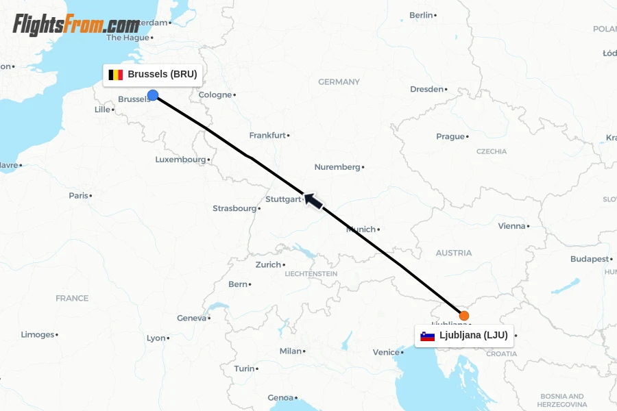 Flights from Ljubljana to Brussels route map