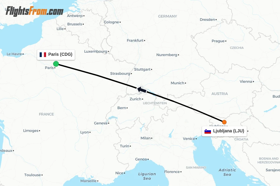Flights from Ljubljana to Paris route map