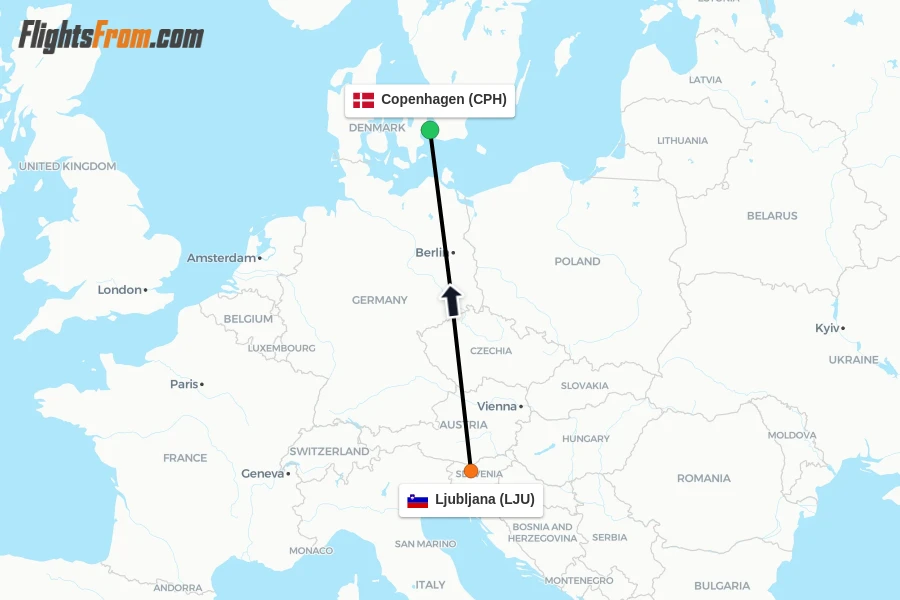 Flights from Ljubljana to Copenhagen route map