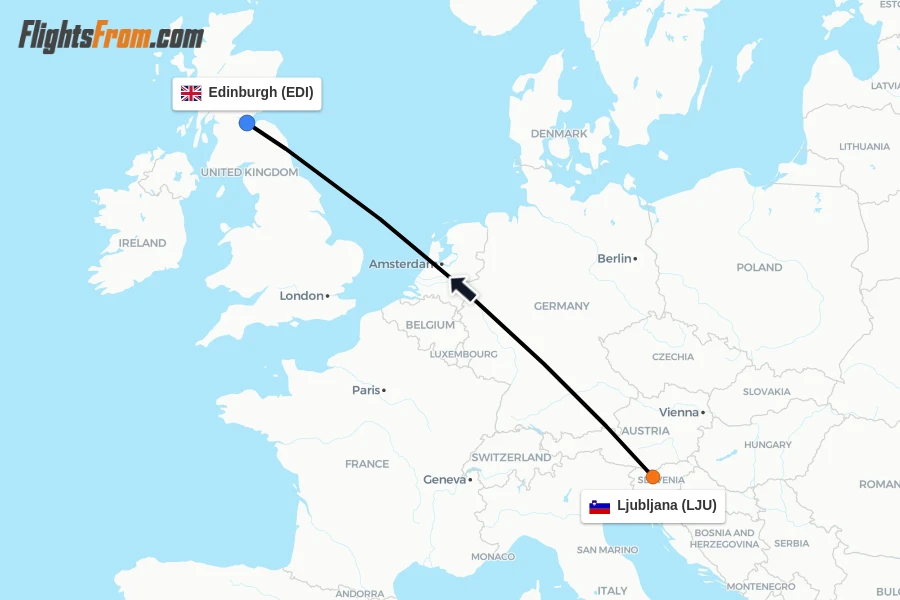 Flights from Ljubljana to Edinburgh route map