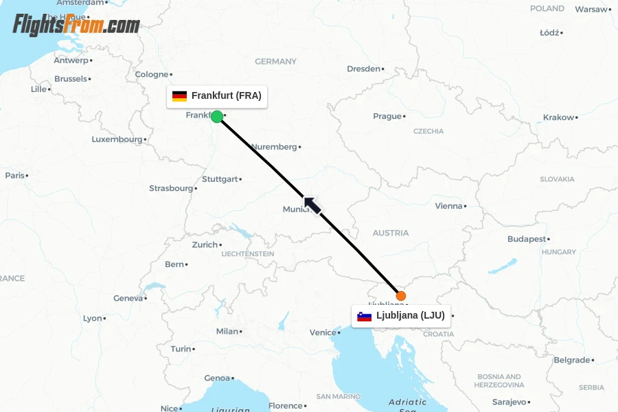 Flights from Ljubljana to Frankfurt route map