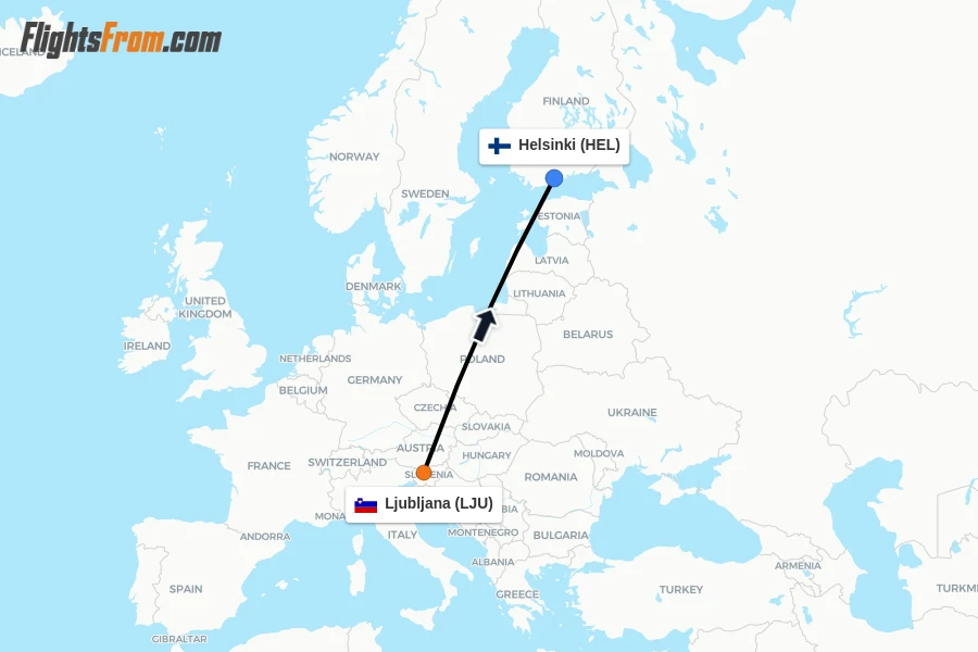 Flights from Ljubljana to Helsinki route map