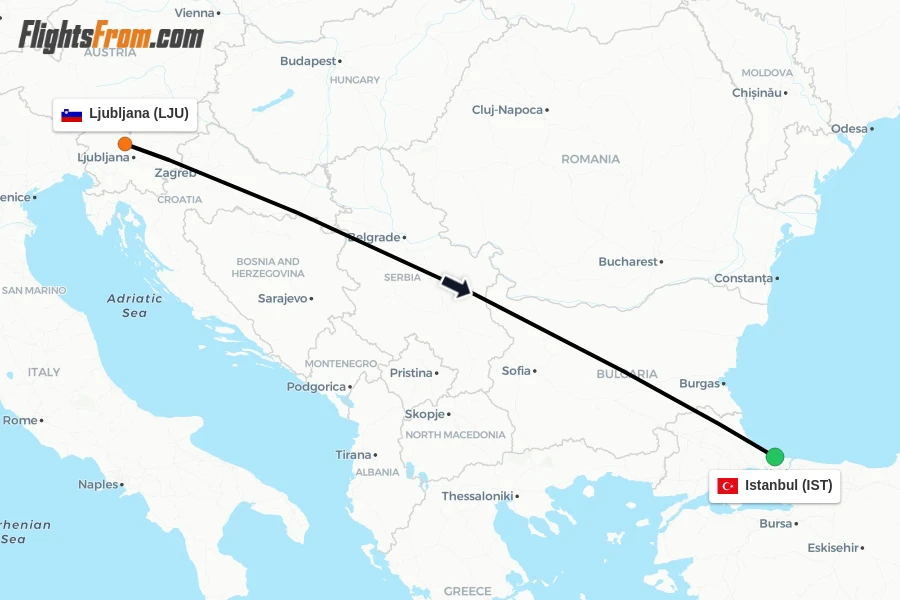 Flights from Ljubljana to Istanbul route map